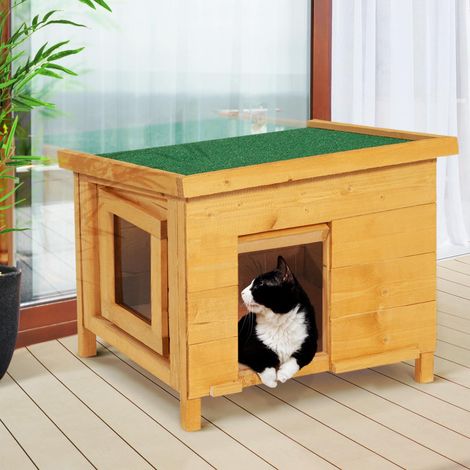 Casa de madera para gatos con puerta basculante de lamas
