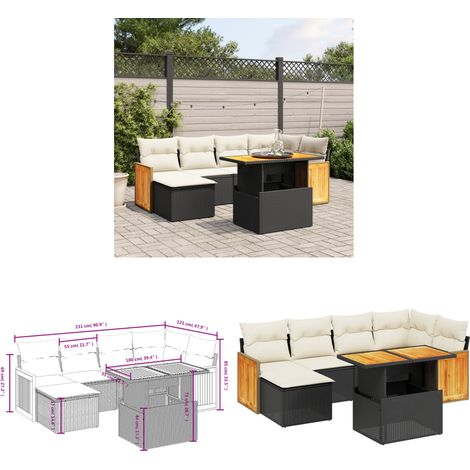 Salon de jardin 7 pcs avec coussins noir résine tressée - Ensemble Salon De Jardin - Mobilier Extérieur - Résine Tressée - Rotin Synthétique - Table Extensible - Home & Living (1/3)
