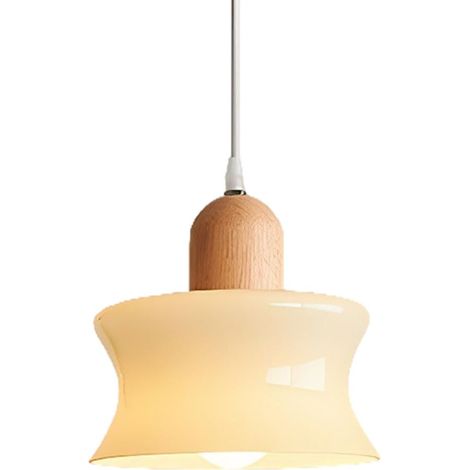 Suspension luminaire verre et bois caoutchouc 20cm moderne scandinave E27, lampe suspendue hauteur réglable pour chambre salon cuisine