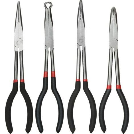 Ensemble de 4 pinces à long bec effilé 11 pouces – Pince droite, pince à 45° et 90°, pince circulaire – Acier au carbone, ergonomique – (1/5)