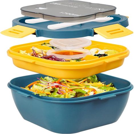 Boîte à salade 1700 ml, boîte bento à 3 compartiments avec récipient pour sauce, boîte à lunch étanche avec fourchette et couteau, idéale pour la préparation des repas et des collations. Compatible la