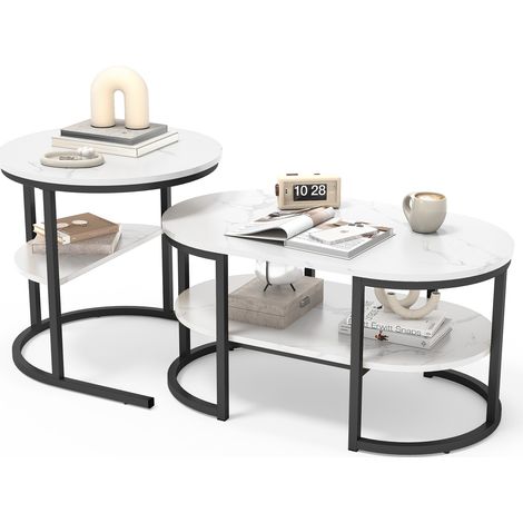 Tavolini da caffè moderni, set di due tavolini da divano con ampi spazi di stoccaggio, piano del tavolo con motivo in marmo e robusti supporti in metallo, mobili per il soggiorno (1/5)