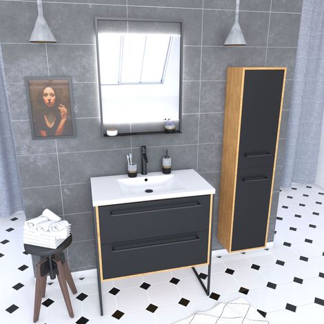 Mueble de baño 80cm, lavabo blanco, espejo LED y columna - Roble y negro