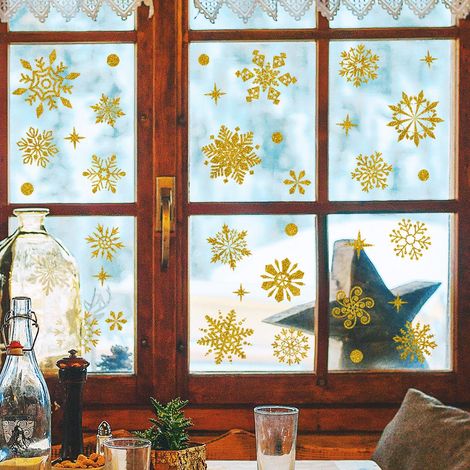 Décor fenêtre - 3 adhésifs statiques dorés flocons de neige, anti-collision oiseaux, autocollants décoratifs pour vitres, design hivernal élégant, protection aviaire, 3 pièces. (1/5)