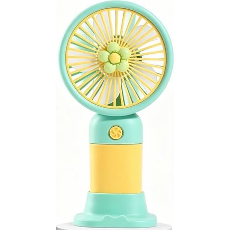 Mini ventilatore portatile a tre velocità ricaricabile tramite USB, con supporto, ideale per l'ufficio e i viaggi, con un grazioso design a fiore verde.