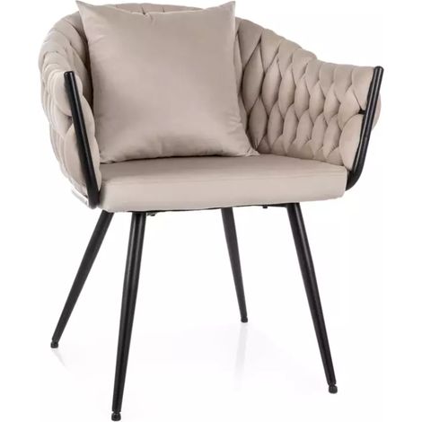 Chaise cocon velours beige dossier matelassé et coussin déco inclus NANSY (1/5)