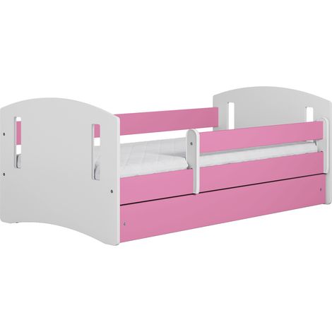 Lit enfant 80x140 cm avec tiroir et barrière avec matelas rose modèle Classic II (1/5)