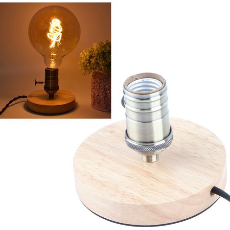 Socle de lampe de table en bois E27 : disque en bois couleur cuivre au style rétro, fiche plate, socle avec interrupteur à bouton variateur (1/5)