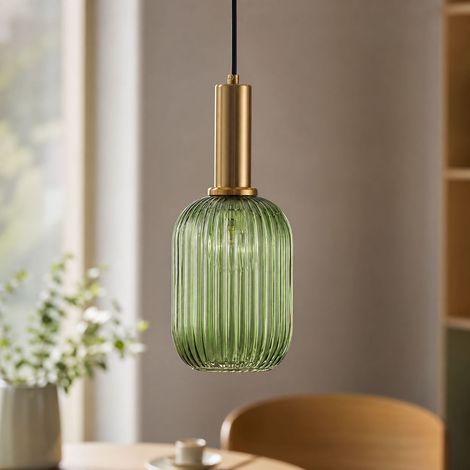 Suspension en verre côtelé vert émeraude et laiton, style minimaliste créatif pour salle à manger ou salon, E27, D13xH32cm (1/4)