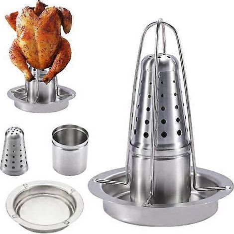Rôtissoire à poulet en acier inoxydable avec récipient d'infusion pour bière et épices, idéale pour le gril et le four. (1/5)