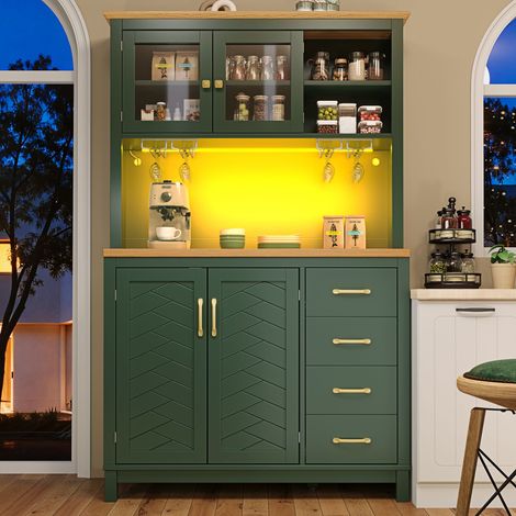 Aparador de cocina con LED, cajones y almacenamiento, en verde, 105,5x40x180 cm (1/5)