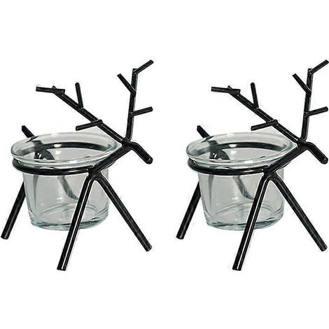 Lot de 2 porte-bougies chauffe-plat en fer forgé avec coupelle transparente, motif renne, pour table de Noël (noir).-13X3.6cm-Black