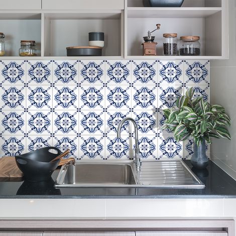 Sticker Mural Carrelage adhésif Cuisine Salle de Bain - 24 STICKERS CARREAUX DE CIMENT AZULEJOS LOICIA - 24stickers10x10cm (1/5)