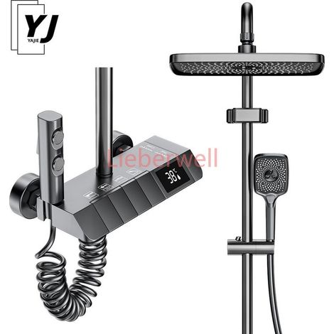 Digital Thermostatic Shower Faucet Set with LED Display, Pressure Balance, Brass Body, Bath Temperature Control, Gray, Height Adjustable (1/5)