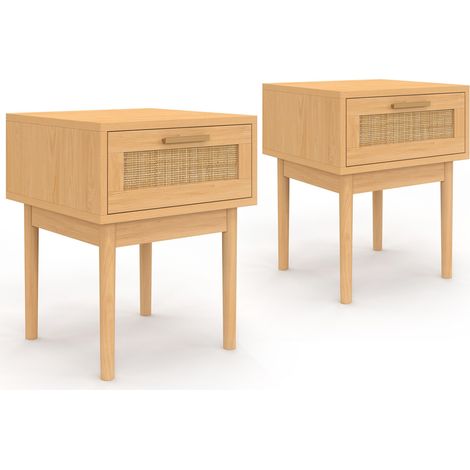 Idmarket – Lot de 2 tables de chevet 1 tiroir en bois naturel et cannage – Dimensions 40x40x50cm – Style vintage pour chambre moderne (1/5)