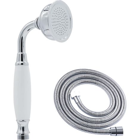 Douchette chromée style vintage avec flexible de 150 cm, débit élevé, compatible avec les pommeaux de douche anciens sans support, laiton rétro, forme ronde de téléphone.