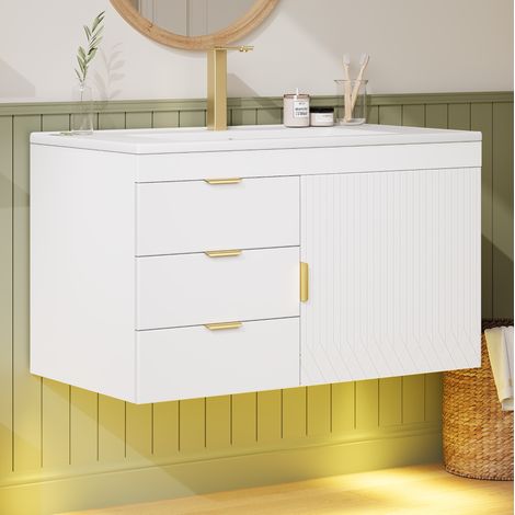 Meuble vasque suspendu 76 cm avec lavabo en céramique, LED App, blanc, MDF, OKWISH (1/5)