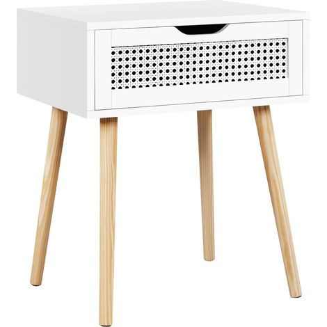 Yaheetech Comodino da Camera da Letto Comodinio con Cassetto in Rattan Comodino da Notte Stile Scandinavo Organizzatore da Letto Moderno Tavolino da Salotto in Legno 48,5 x 41 x 57,5 cm Bianco