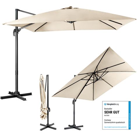 COSTWAY Sonnenschirm Φ300cm Ampelschirm, Terrassenschirm neigbar, Gartenschirm mit Kurbel & gekreuzter Basis, grosser Regenschirm Strandschirm Beige (1/5)