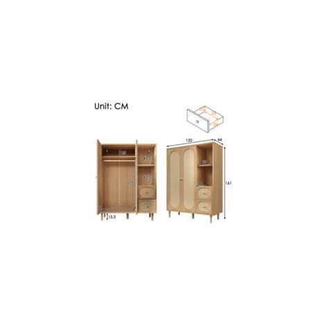Armoire 120 x 44 x 161 cm – Étagères ouvertes, tringles à vêtements, 2 portes et 2 tiroirs en rotin, couleur chêne – Rangement aéré et stylé (1/4)