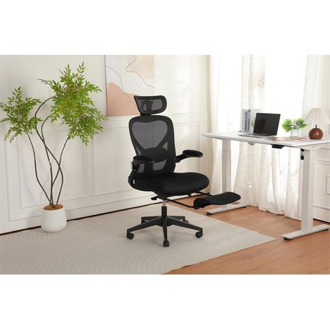Chaise de Bureau Ergonomique Pliable - 62x48.5x129cm - Fauteuil Dossier Maille et Assise en Mousse avec Repose-Pieds - Noir (1/5)