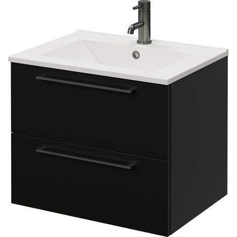 Napoli 460 Matt Black 600mm Wall Mounted 2 Drawer Vanity Unit with Angel Basin - 600mm - Gunmetal Grey 320mm Handle