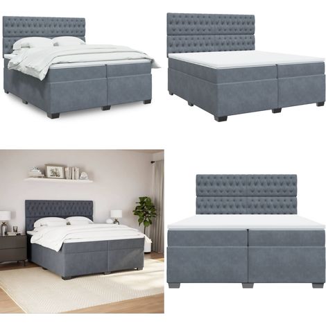 Sommier à lattes de lit et matelas Gris foncé 200x200cm Velours - Lit Double - Lit Plateforme - Matelas À Ressorts Ensachés - Literie - Chambre À Coucher - Home & Living (1/5)
