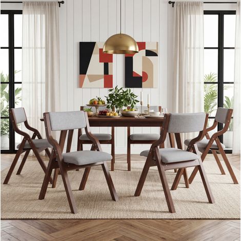 Lot de 6 chaises de salle à manger pliantes en bois et lin gris, style moderne (1/5)