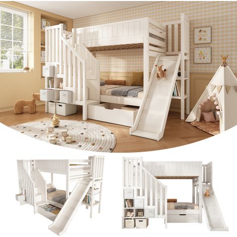 Etagenbett für Kinder  mit Treppenschrank und Stauraum, platzsparendes Holz Kinderbett für Geschwister mit Sicherheitsgeländer und Ablagefächern, ohne Matratze