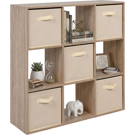 Estantería 9 Cubos Abril, Librería Cuadrada 5 Cajones Tela, Sala de Estar Roble Sonoma y Beige 89x89x28 cm