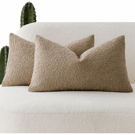 2 Housses de Coussin Lombaire texturées en Tissu Bouclette uni, Douces, Confortables, pour Fauteuil et canapé, décoration pour Chambre et Salon, Camel, 30 x 50 cm (1/5)