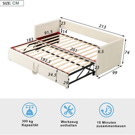 Sunfecili – Canapé-lit gigogne 90/180x200 – Lit rembourré en velours doux – Sommier à lattes – Transformable pour petits espaces