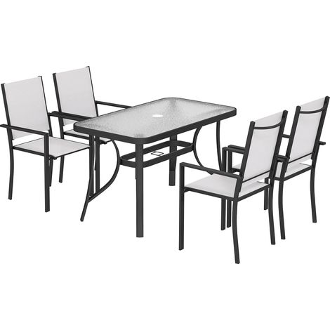 Set 5 Pezzi da Giardino con 4 Sedie Impilabili e Tavolo in Vetro Temperato con Foro per Ombrellone in Texteline Grigio Chiaro (1/5)
