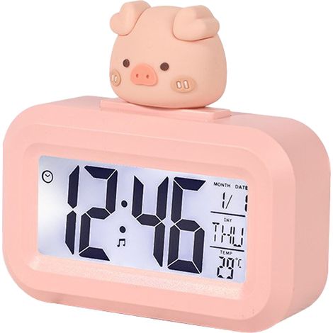 Eosnow Elektronische Uhr, niedlicher Cartoon-LED-Bildschirm, Desktop-Alarm, Daten, Zeit, Kalender, Temperatur, rosa Schweinchen