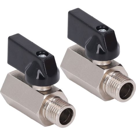 Lot de 2 mini-vannes à bille en laiton, petit diamètre DN8, filetage mâle/femelle G1/4, finition électroplaquée et sablée.