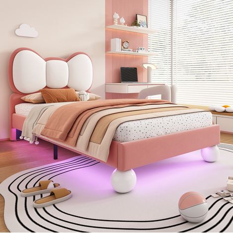 Bett Kinderbett gepolstert aus Samt Beige Rosa 90x200 cm mit schmetterlingsförmigem Kopfteil und LED-Leiste (1/5)