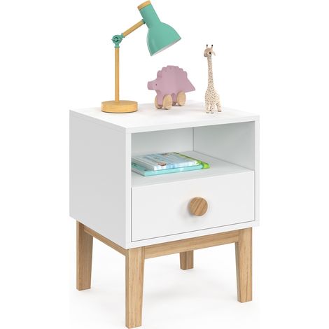 Idmarket – Table de chevet enfant 1 tiroir – Niche ouverte – Blanc mat et bois naturel – Dimensions 40x34x49,5 cm – Design scandinave