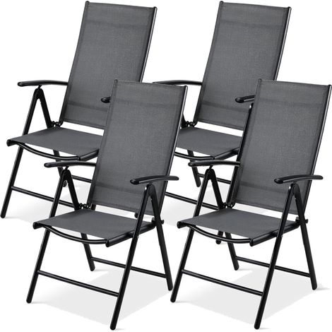 LIFERUN Lot de 4 chaises de jardin pliables à dossier haut en aluminium avec dossier réglable en 7 positions, jusqu'à 120 kg, légères, pour balcon, salle à manger, camping, extérieur - Noir (1/5)