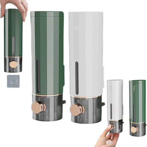 Distributeur de savon mural, 2 pièces 450 ml distributeur de savon mural sans perçage, shampoing, savons pour les mains (blanc et vert) (1/5)