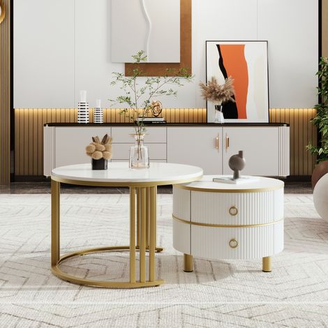 Lot de 2 tables basses gigognes rondes effet marbre laqué avec 2 tiroirs et structure en métal doré, tables d'appoint de salon modernes, Ø 70 cm et Ø 50 cm - blanc (1/5)
