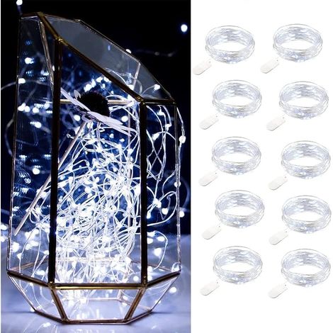 Lot de 10 guirlandes lumineuses LED à piles 1m 10 LED fil d'argent blanc froid étanche bouteille étoile guirlandes lumineuses pour Noël fête de mariage chambre décoration extérieure intérieure (1/5)