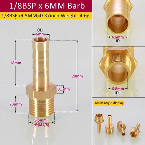Raccord de tuyauterie en laiton (1l8BSP 6 mm Barb-CN) 6/8/Tuyau, embout cannelé BSP, connecteur mâle, joint, coupleur en cuivre, adaptateur (1/5)
