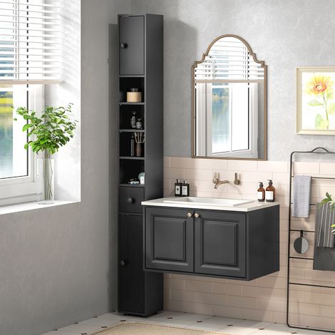 Meuble de salle de bain étroit 180 cm, étagère à papier toilette avec casiers ouverts, 2 armoires, noir (1/5)