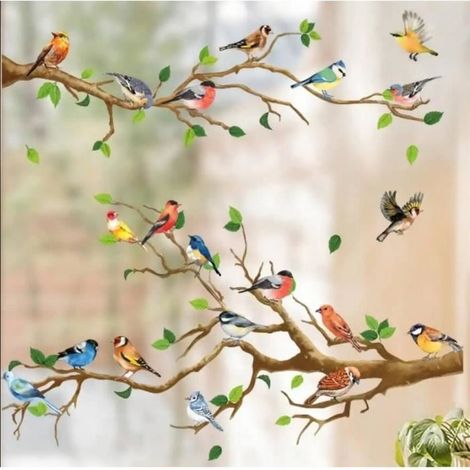 Sticker mural oiseaux sur branches - Autocollants fenêtre PVC réutilisables - Décoration intérieure (1/4)