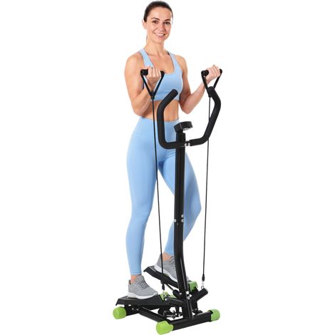 Homcom – Mini stepper avec guidon – Écran LCD multifonction – 2 extenseurs pour entraînement complet – Pédales antidérapantes – Acier noir et vert