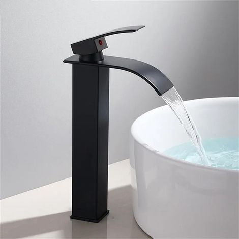 Aufsatzarmatur aus Messing mit Wasserfallkante, Einloch-Waschtischarmatur für Warm- und Kaltwasser, schwarz beschichtet (1/5)