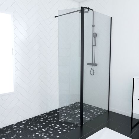paroi de douche et volet pivotant 90+40x200 cm - verre transparent - barre de fixation noire (1/5)