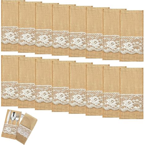 Pochettes a Couverts en Jute Lot de 16, etuis de Table avec Dentelle Blanche, Range Couverts reutilisables pour Mariage, Noel, Anniversaire, Fete, Reception et Decoration de Table Rustique