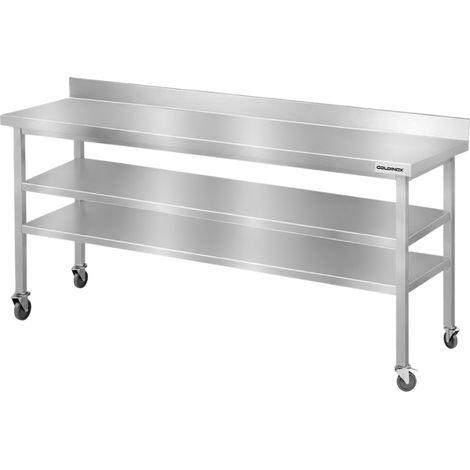 Table de travail en inox Bar 2000x700 mm avec 2 étagères inférieures et dosseret sur roulettes PREMIUM - GOLDINOX (1/4)