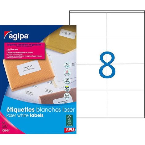 Étiquettes laser adresse - AGIPA - 105x72mm - Boite de 800 - Inamovibles - Adhésif permanent (1/3)